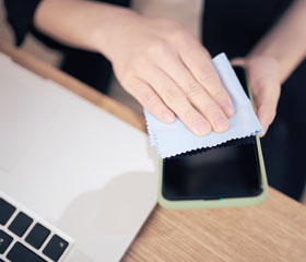 Persona limpiando la pantalla de un teléfono con un paño de microfibra